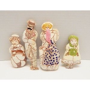 Cloth Stuffed Dolls Crewel Embroidered Family Filled Cushion Pillow Set of 4